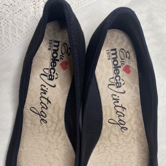 EU MOLECA VINTAGE Ballet Flats Velvety Finish Made in Brazil Womens 5 Black Gold - Picture 6 of 7